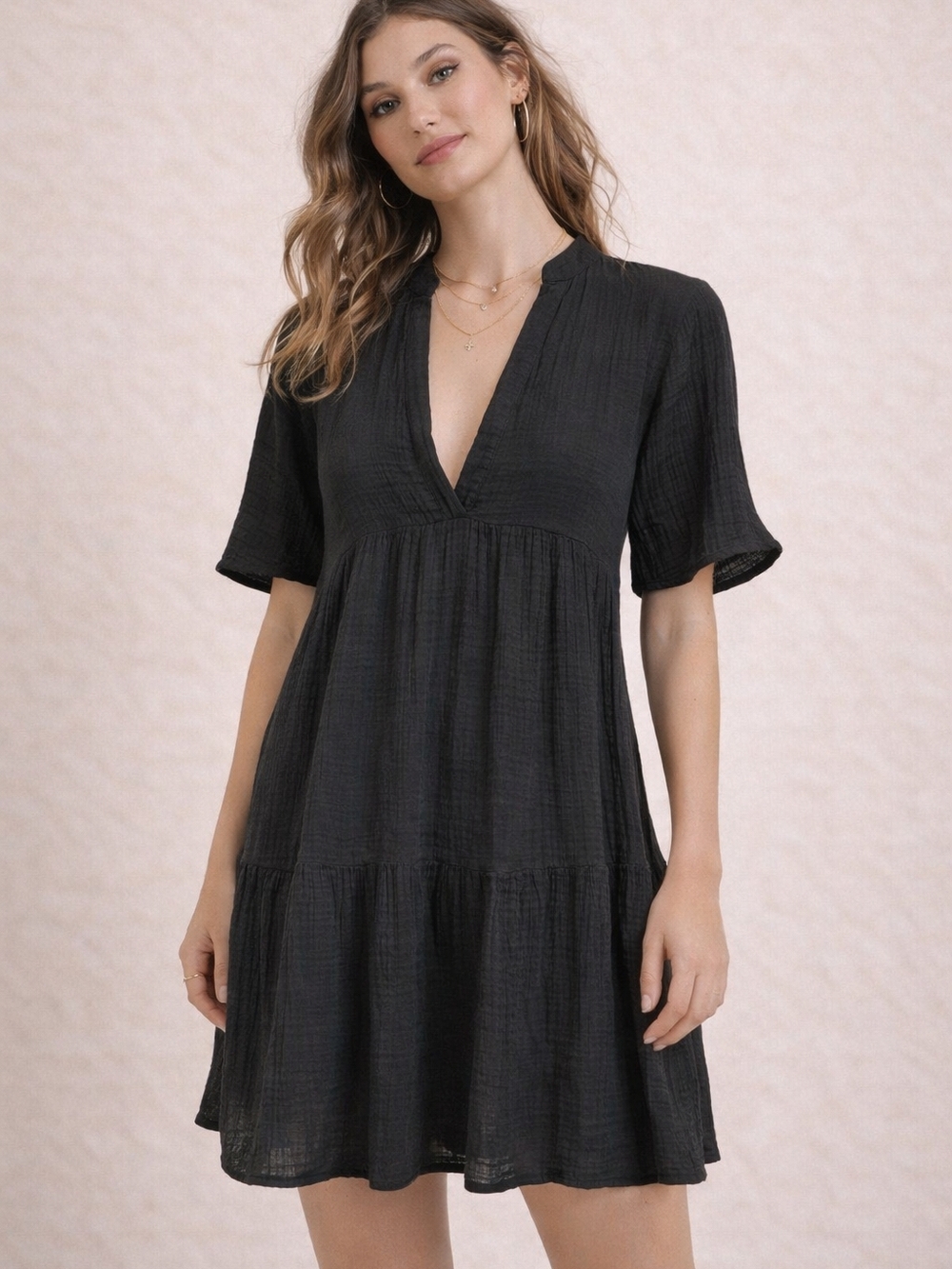 Anthropologie Black V-Neck Tiered Mini Dress